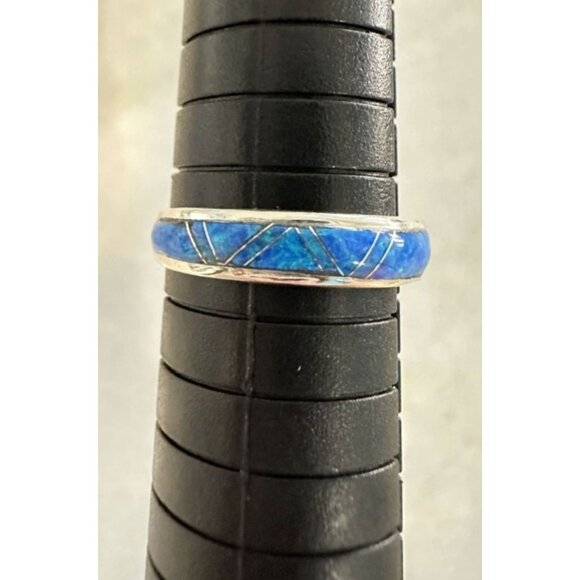Navajo Zuni Made Blue Lab Opal 4mm Inlay Ring Size 8 w/ Gift Box - Picture 6 of 7